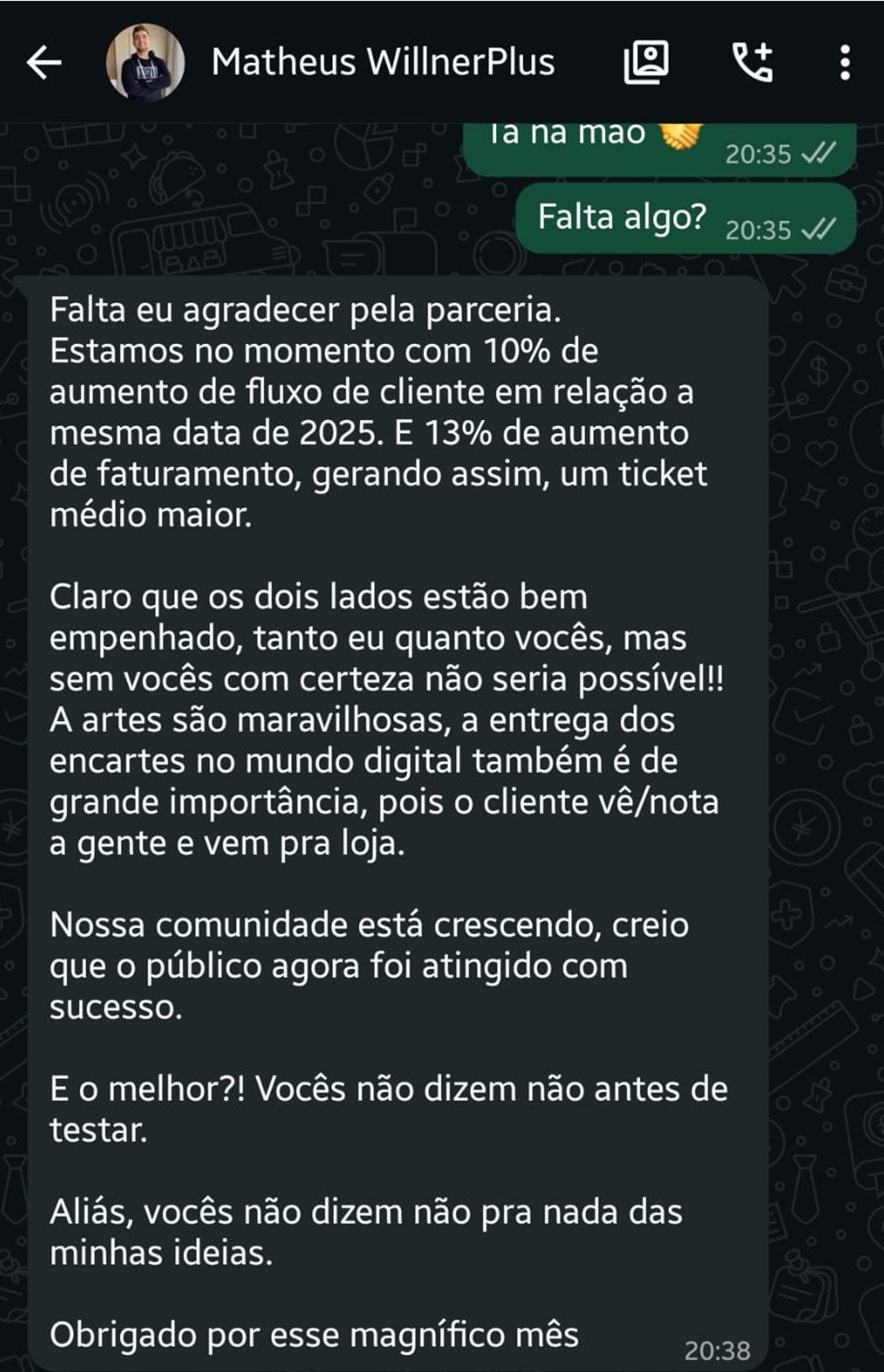 WhatsApp Matheus — 10% fluxo, 13% faturamento